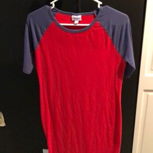 Lularoe Julia dress red w/blue sleeves